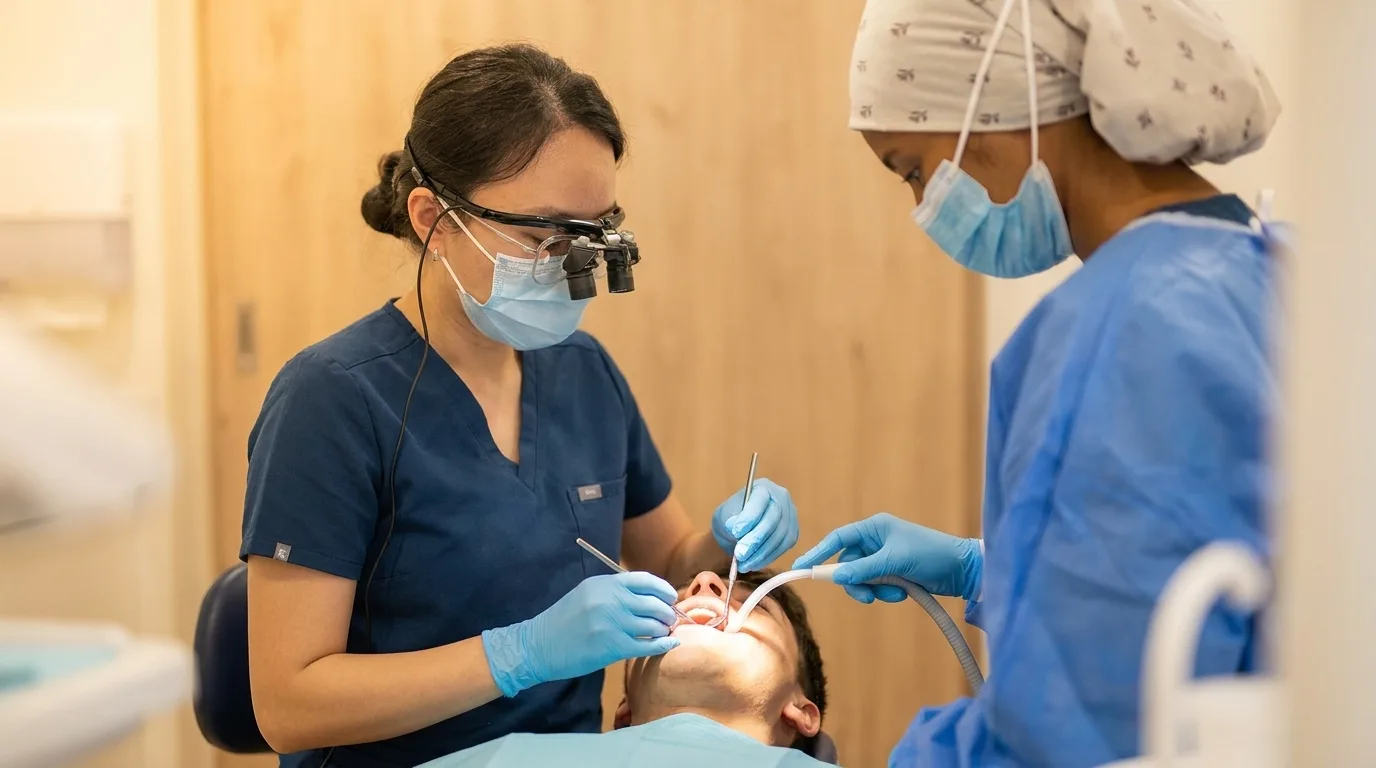 Dentist and assistant treating a patient in the treatment room